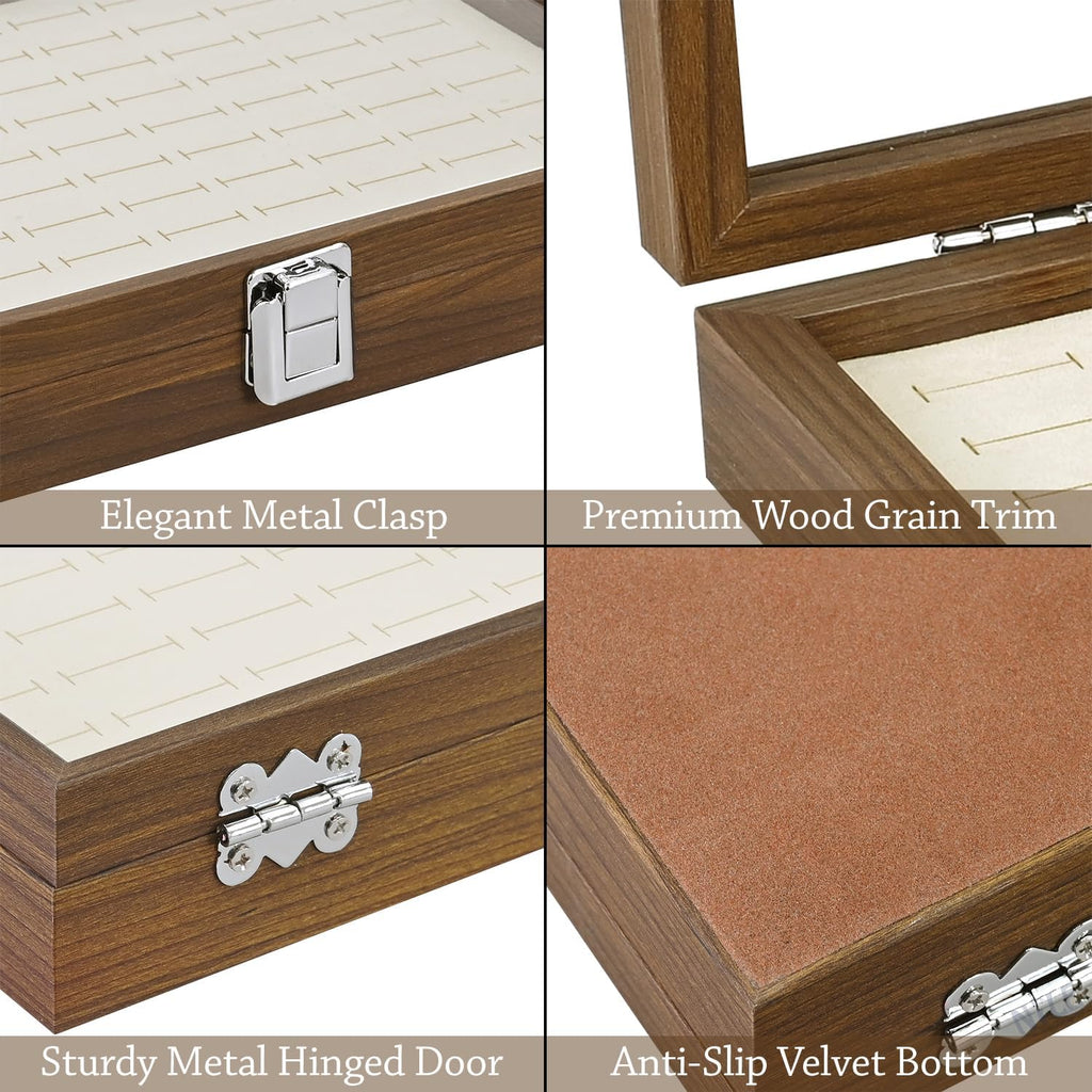 MOOCA 100 Ring Box Jewelry Display Tray, Display Case Accessories Storage Box with Tempered Glass Hinge Lid, Beige Lined Jewelry Tray for Rings, Walnut Color, 14.1W x 10.2D x 2.1H in