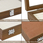 MOOCA 100 Ring Box Jewelry Display Tray, Display Case Accessories Storage Box with Tempered Glass Hinge Lid, Beige Lined Jewelry Tray for Rings, Walnut Color, 14.1W x 10.2D x 2.1H in