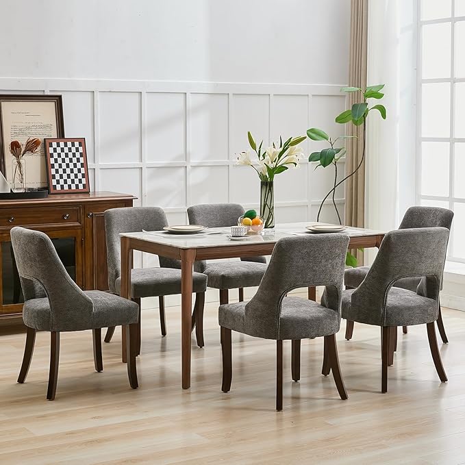 UVV Wooden Dining Chairs Set of 2, Mid Century Modern Upholstered Dining Room Chair Kitchen Chairs, Chenille Dinner Chair with Solid Wood Legs for Kitchen Dining Room, Dark Grey
