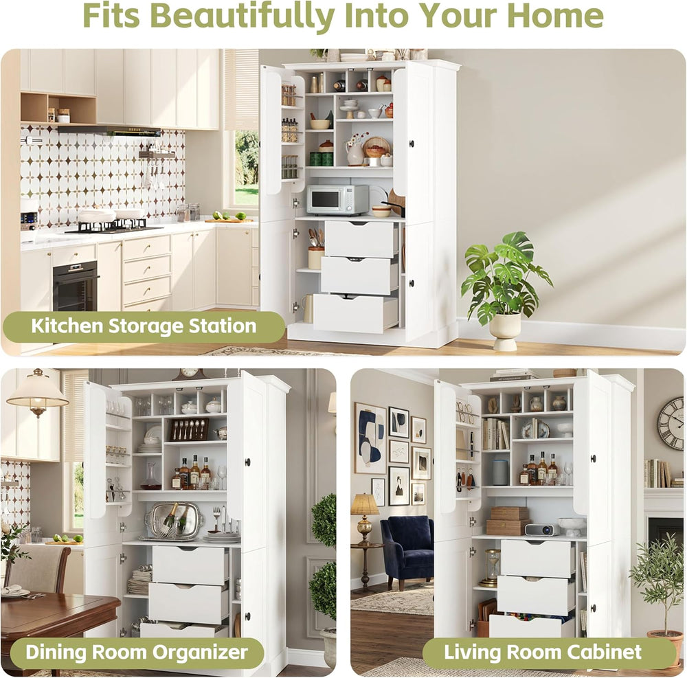 70.9" Tall Kitchen Pantry Cabinet with 4 Doors 3 Drawers 6 Wine Racks &a...