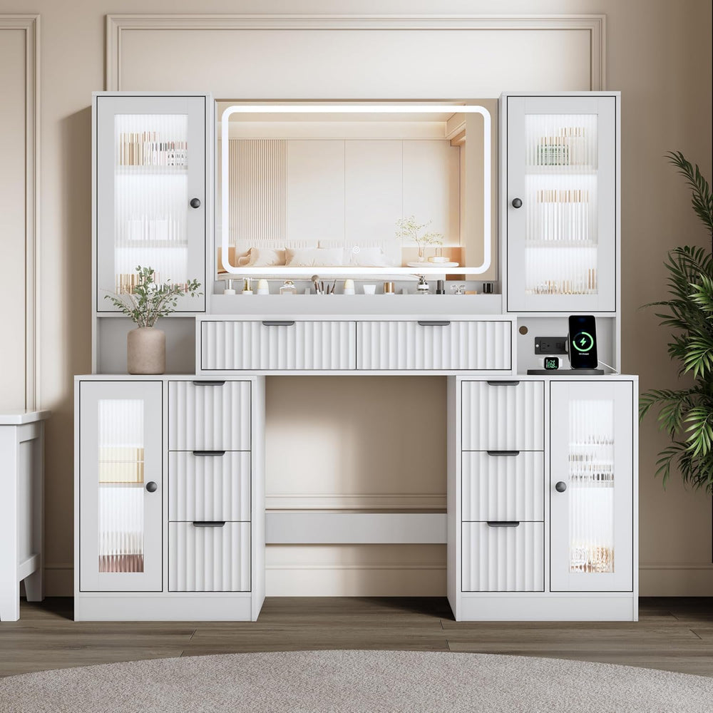 55" Vanity Desk with Mirror & Lights, Fluted Makeup Vanity with 8 Dr...