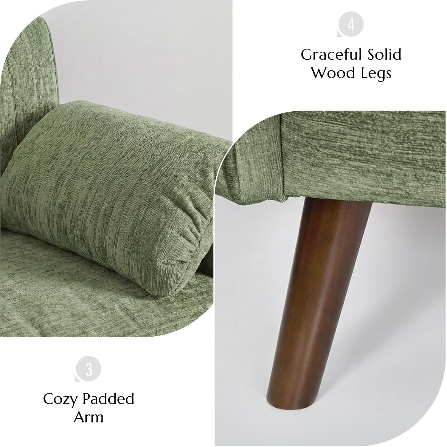 Modern Oversized Accent Reading Chair for Living Room, 43", Chenille, Green | Piping Single Armchair with Quilting Backrest, Padded Arms, Wood Legs for Bedroom, Office, Reception Area