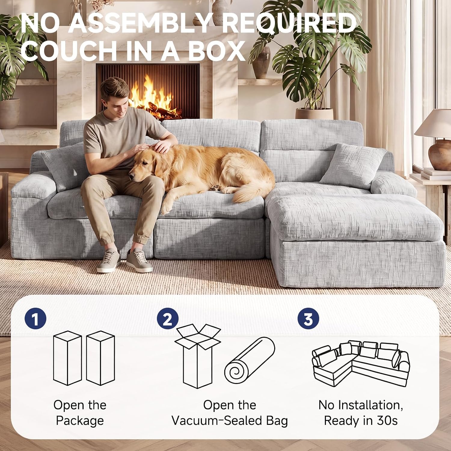 110" High Back Boneless Couch, L-Shaped Modular Sectional Sofa Bed | Sectional Couches for Living Room, Slub Chenille Fabric, No-Assembly, Light Gray