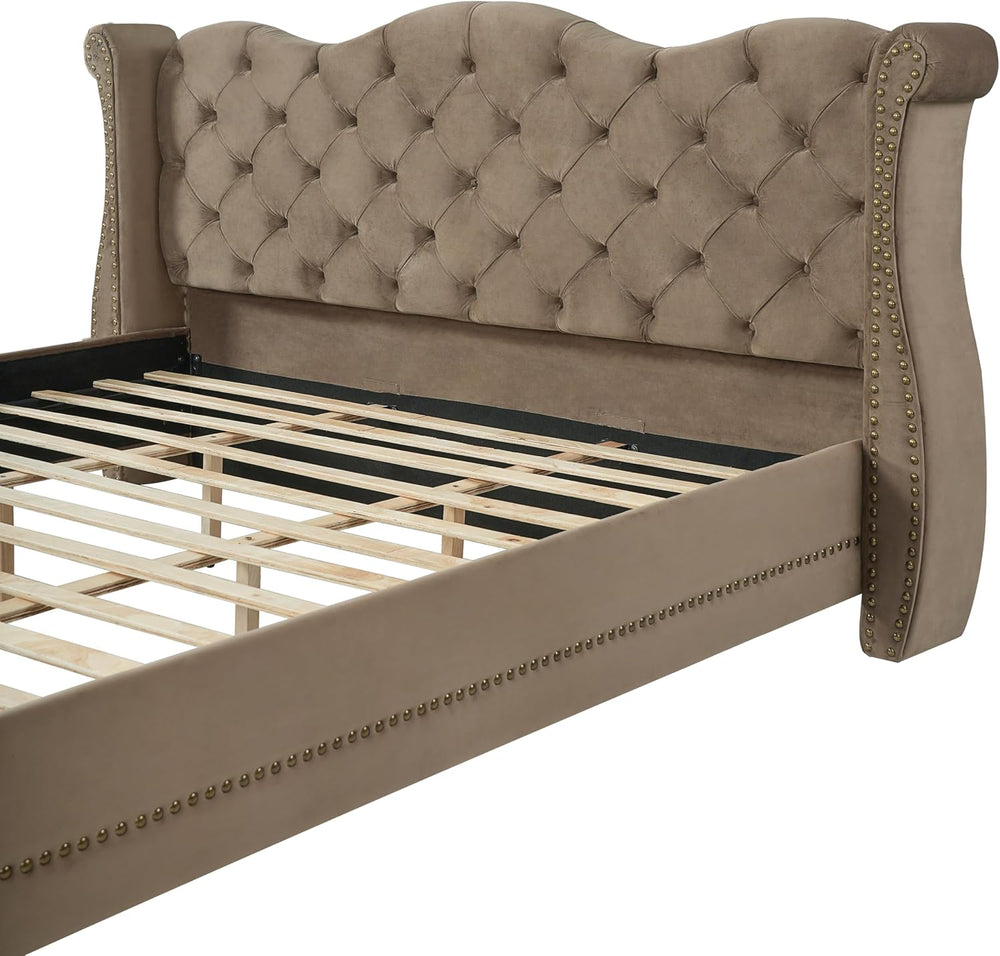 King Size Upholstered Bed Frame with Velvet Fabric &Thick Tufted Wingback...
