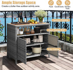 RELAX4LIFE Wicker Outdoor Bar Cabinet - PE Rattan Patio Bar Table w/Acacia Wood Countertop, Open Shelf & 2 Doors, Buffet Sideboard Organizer for Garden Backyard Pool, Outside Storage Cabinet (Grey)