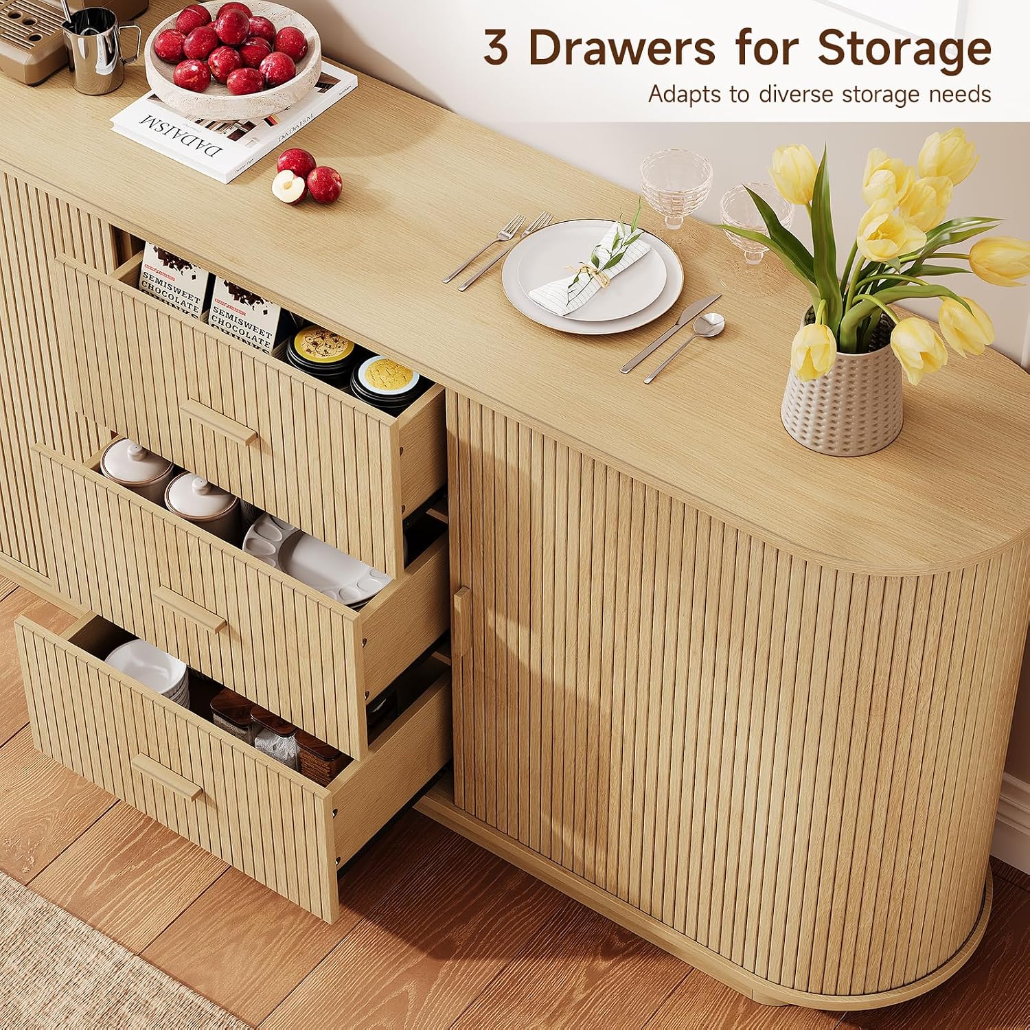 ONBRILL 63" Fluted Sideboard Buffet Cabinet with 3 Drawers & 2 Doors, Mid-Century Modern Buffet Sideboard Cabinet with Storage, Coffee Bar Table with Adjustable Shelf for Kitchen, Living Room, Oak