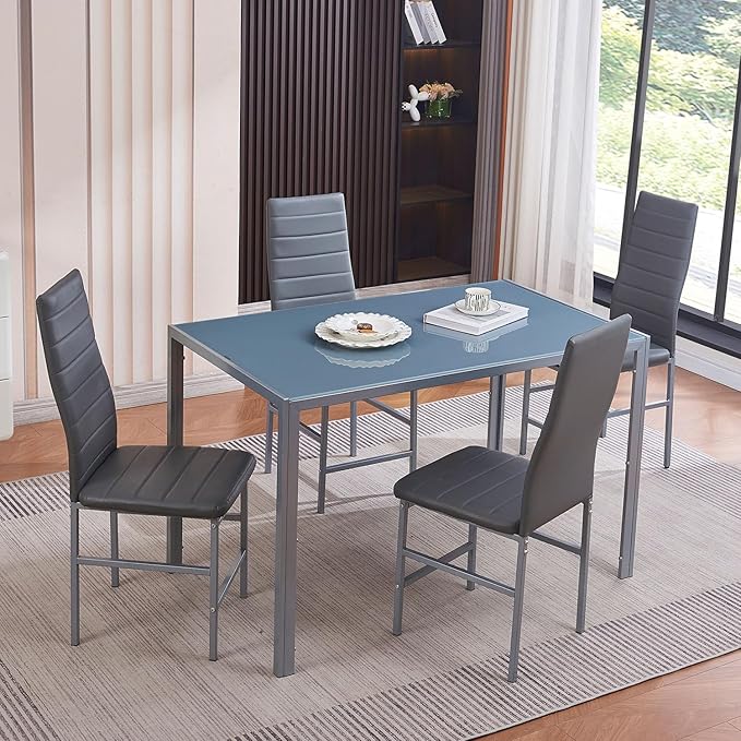 PU Dining Chairs Set of 4, Modern Kitchen & Dining Room Chairs Faux Leather Upholstered Dinner Chairs with Metal Legs for Small Space (Could Gray, Crossbar)
