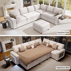 Vipbear 7 Seat L Shaped Modular Sectional Sleeper Sofa Bed with Ottoman/Pull Out Bed/Reclining Backrest/USB Ports/Table/LED Light/Storage Seat, Tool-Free Assembly, Chenille Beige