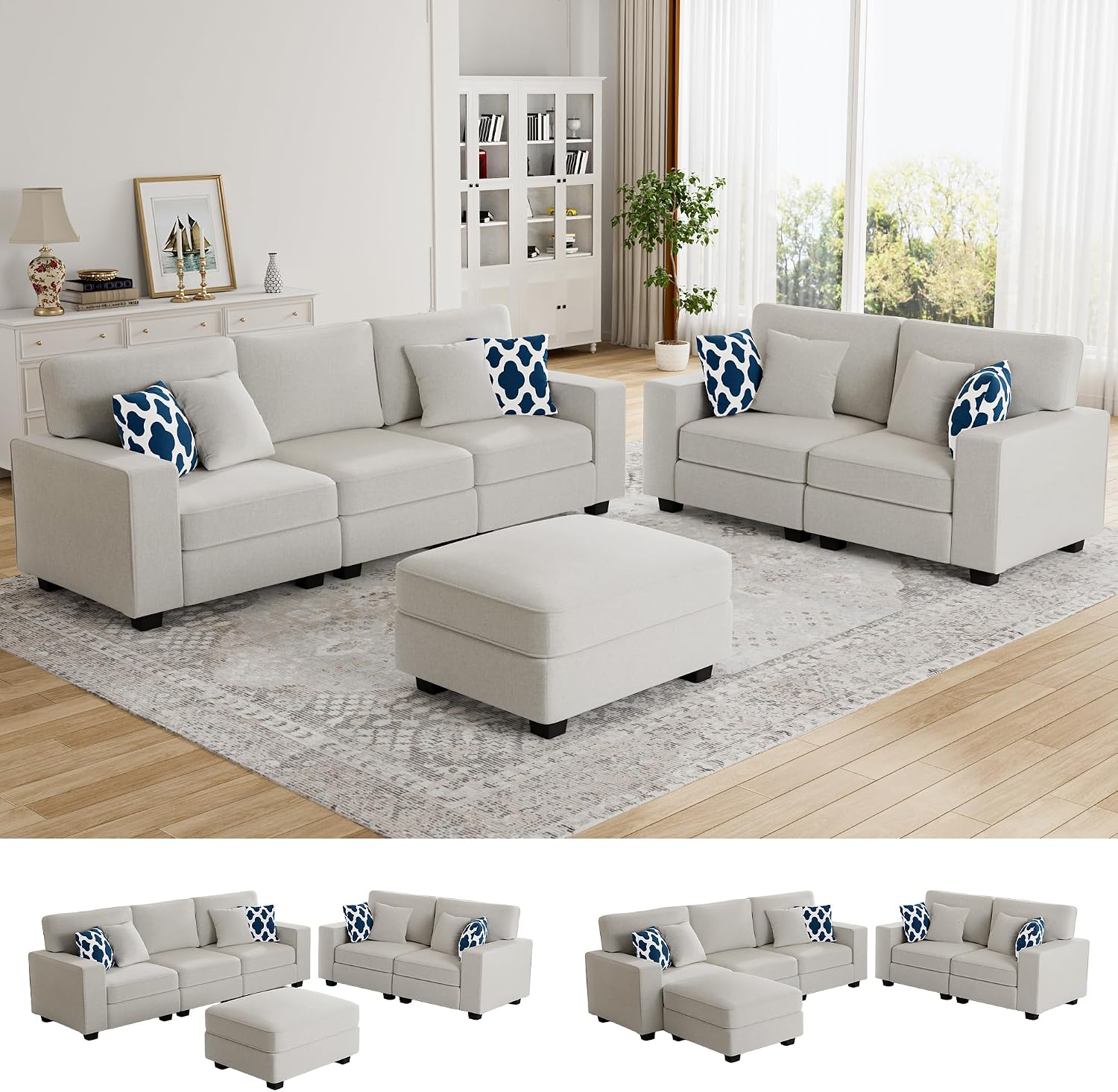 Legend Vansen Oversized Modular Sectional Sofa,U/L‑Shaped Reversible Couch with Ottoman,Deep Seat Plush Polyester Sofa for Living Room,6‑Seater,Cream