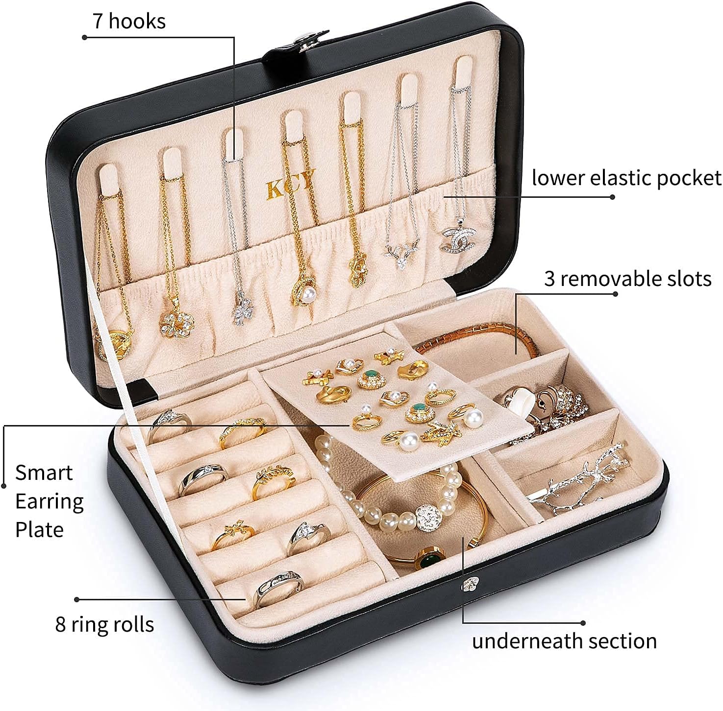 KCY Travel Jewelry Organizer Box for Women Girls, Small Travel Jewelry Case, PU Leather Portable Jewellery Storage Boxes Display Holder for Ring Earrings Necklace Bracelet Bangle, Gifts, Black