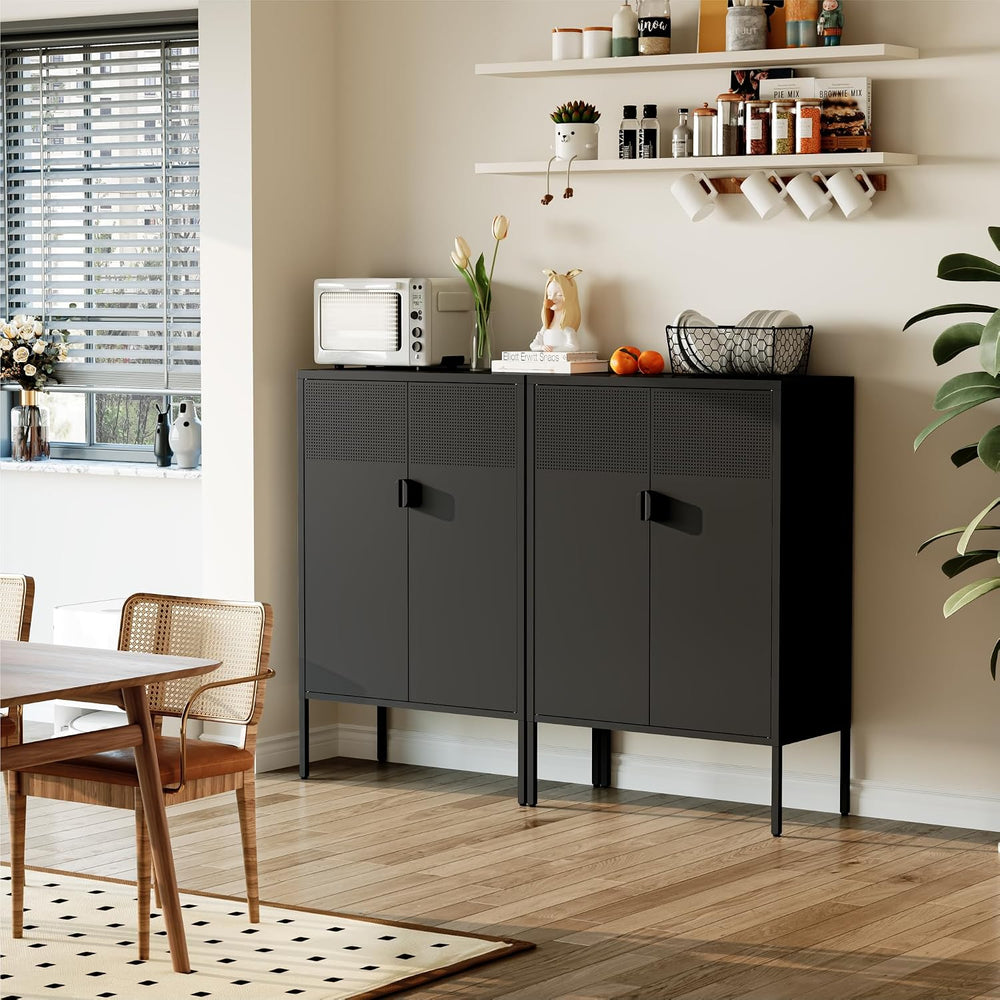 COFaR Black Metal Cabinet with Adjustable Shelves, 47”H Industrial Buffet Sid...