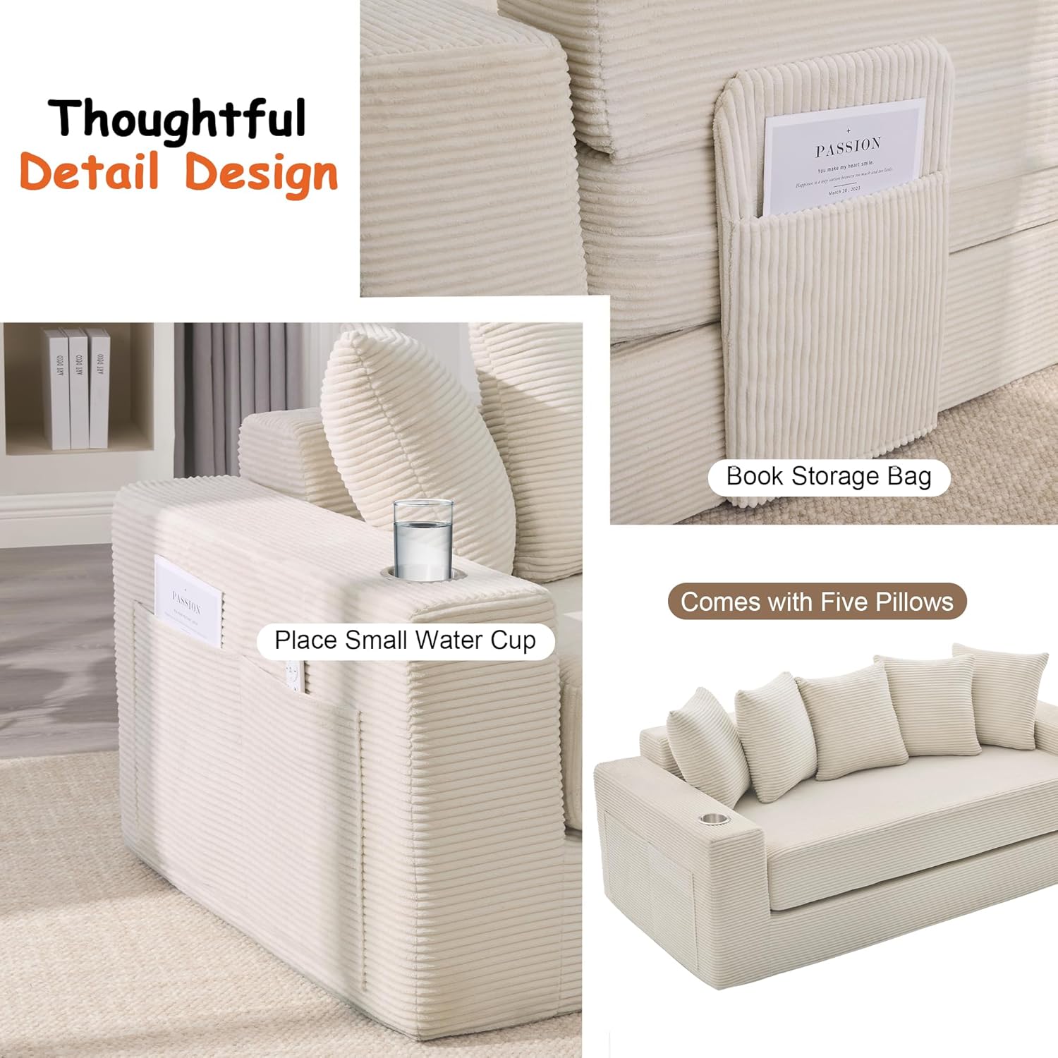 76" Convertible Sofa Bed, Corduroy Boneless Couch with Cup Holders & Pocket | 2-in-1 Sleeper Sofa, Pull-out Couch Bed with 5 Pillows, Living Room, Small Spaces, Bedroom, No Assembly