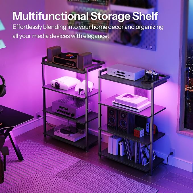 HOOBRO 4-Tier AV Media Stand, Media Console with Charging Station and LED Lig...