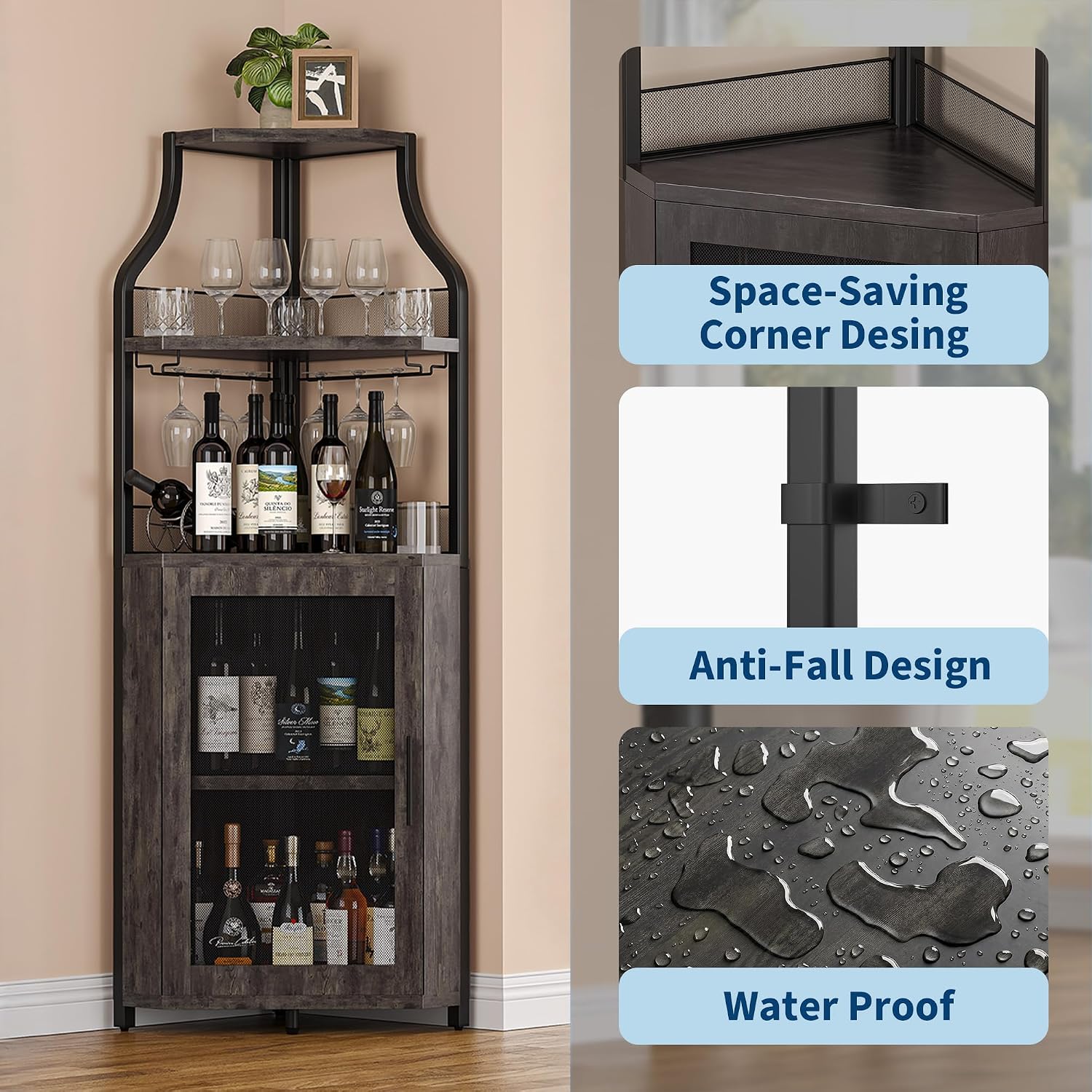 IDEALHOUSE Corner Bar Wine Cabinet with Glass Holder Wine Bar Rack Cabinet with Mesh Door & Glass Holder,Industrial Liquor Cabinet for Home, Kitchen, Dinning Room,Rustic Oak