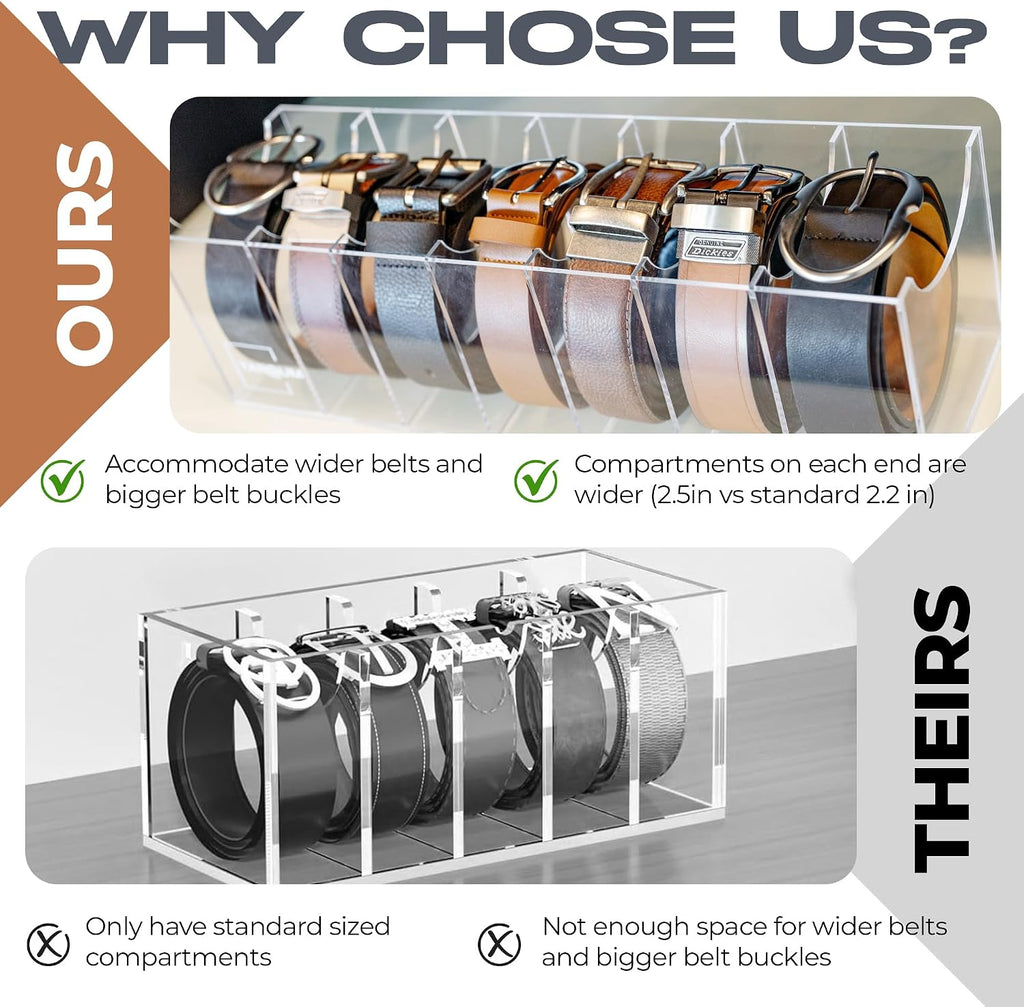 Targum Extra-Wide Belt Organizer for Large Buckles – 7-Compartment Clear Acrylic Belt Holder for Closet, Drawer & Dresser Storage