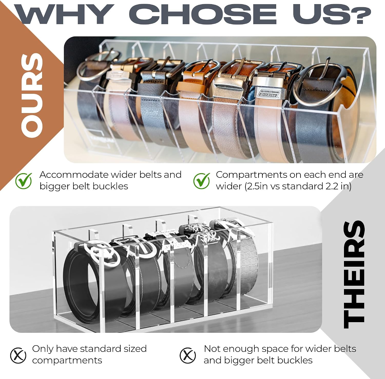 Targum Extra-Wide Belt Organizer for Large Buckles – 7-Compartment Clear Acrylic Belt Holder for Closet, Drawer & Dresser Storage
