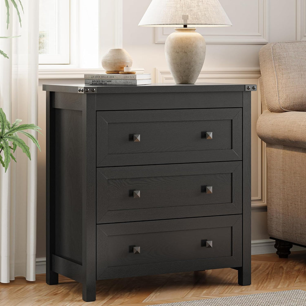 Xixini Farmhouse Nightstand with 3 Storage Drawers, 27.55" Wide Wood Bed...