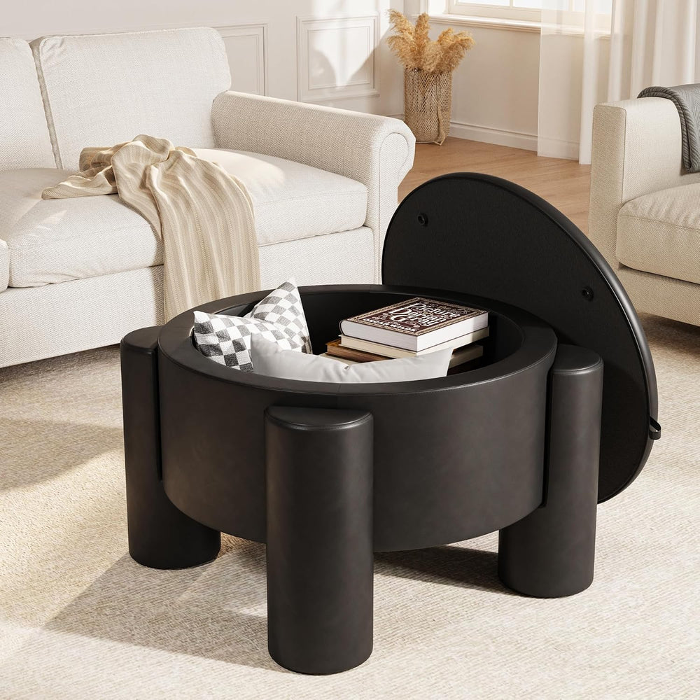 FiveWillowise Round Ottoman Coffee Table with Storage,24" Faux Leather S...