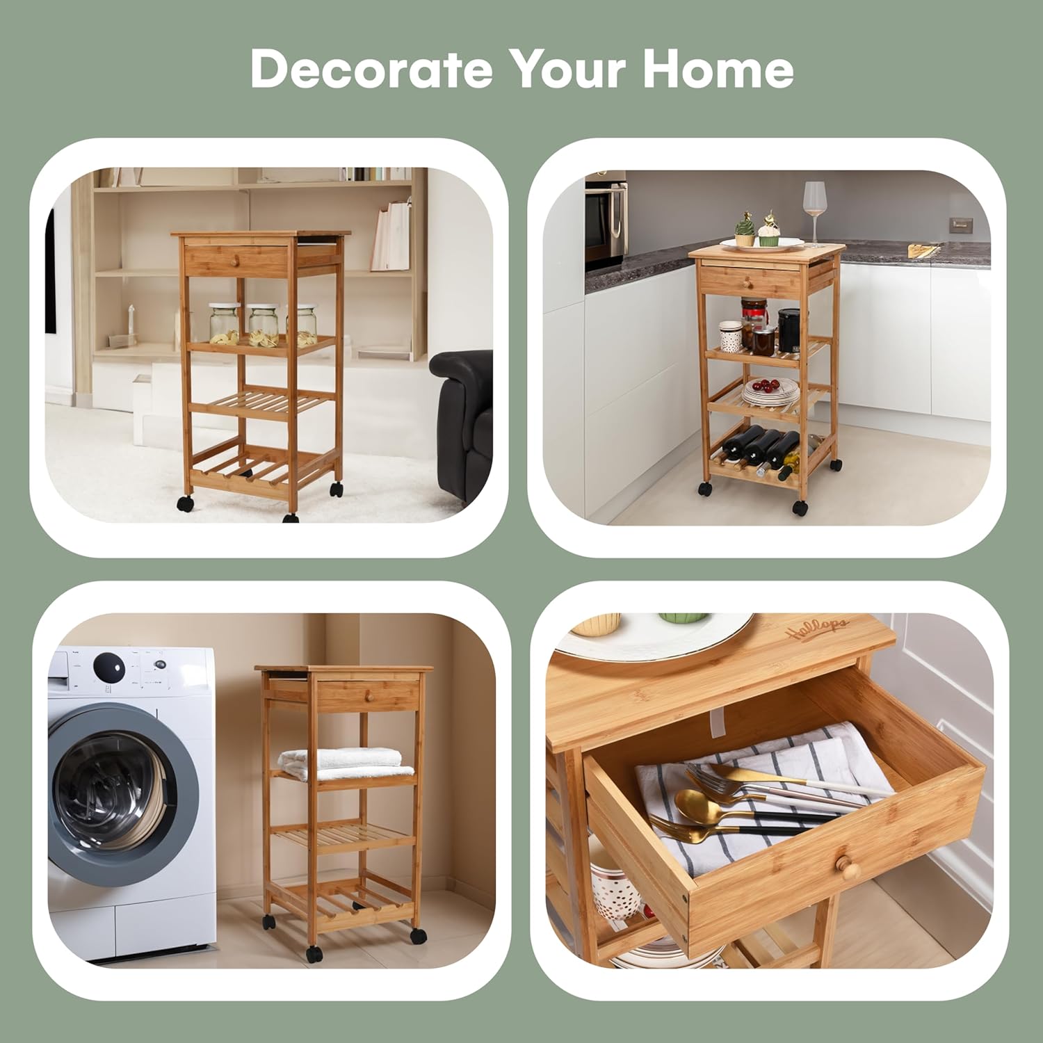 Hallops Kitchen Cart with Drawer and Basket - Brown Kitchen Cart Island for Small Spaces - Extra Counter Space or Spice Rack - Portable Dining Table with Wheels - Elegant Solid Wood Top, Spice Drawer