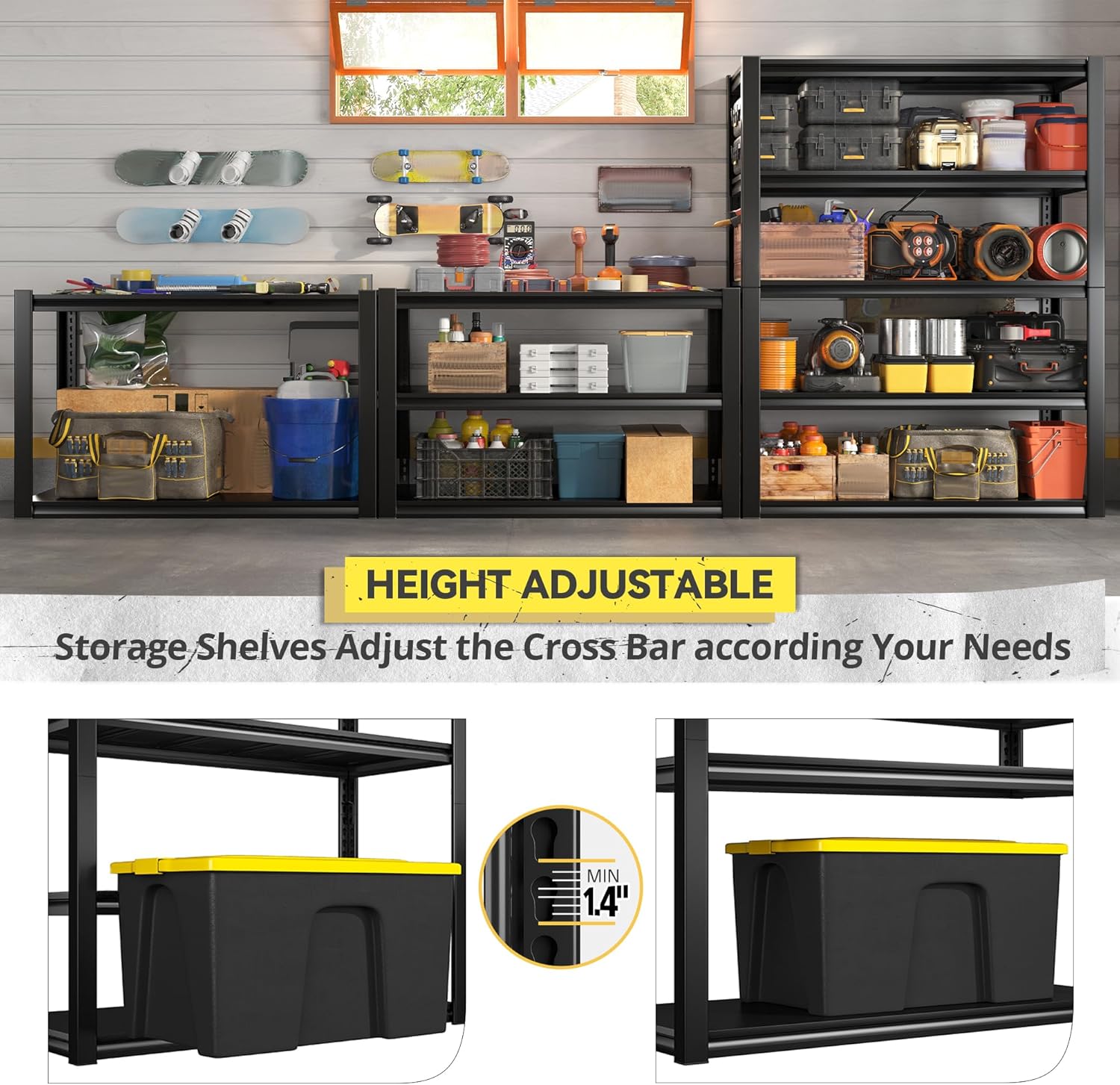 REIBII Garage Shelving Heavy Duty Storage Shelves, Extra Large Adjustable Storage Rack with 5 Tier Metal Shelving 2500LBS Heavy Duty Shelf for Garage Kitchen Pantry Warehouse Basement, 4 Pack