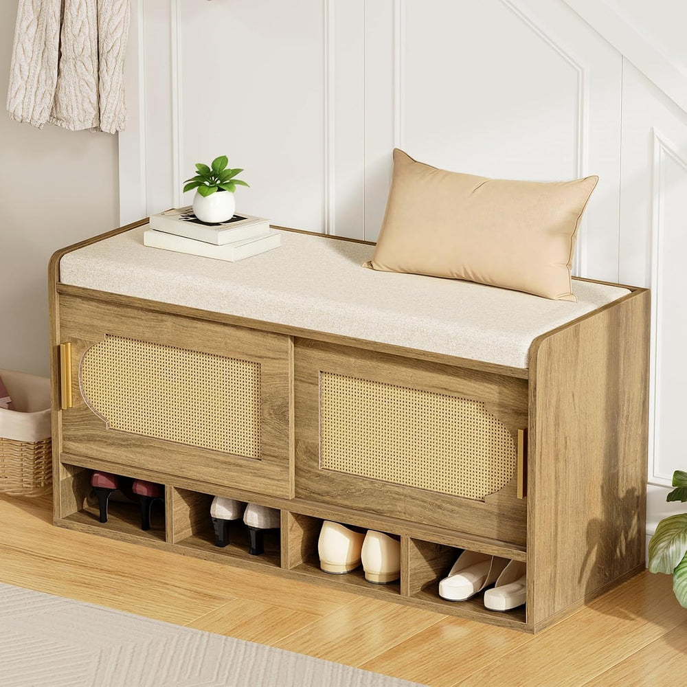 Shoe Storage Bench, 39.4" Entryway Bench with Linen Seat Cushion, 3-Tier...
