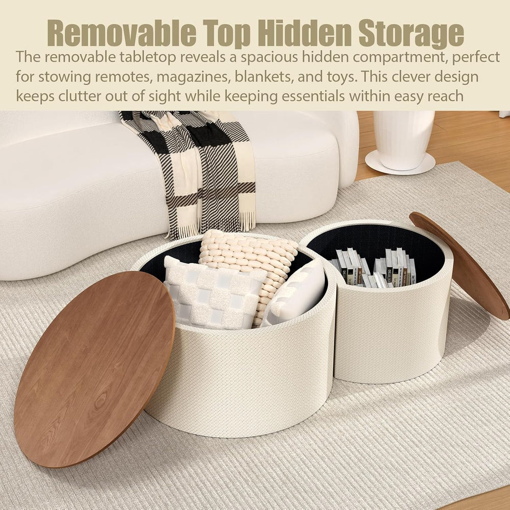 Round Nesting Coffee Table Set of 2 with Hidden Storage | Faux Leather Diamon...