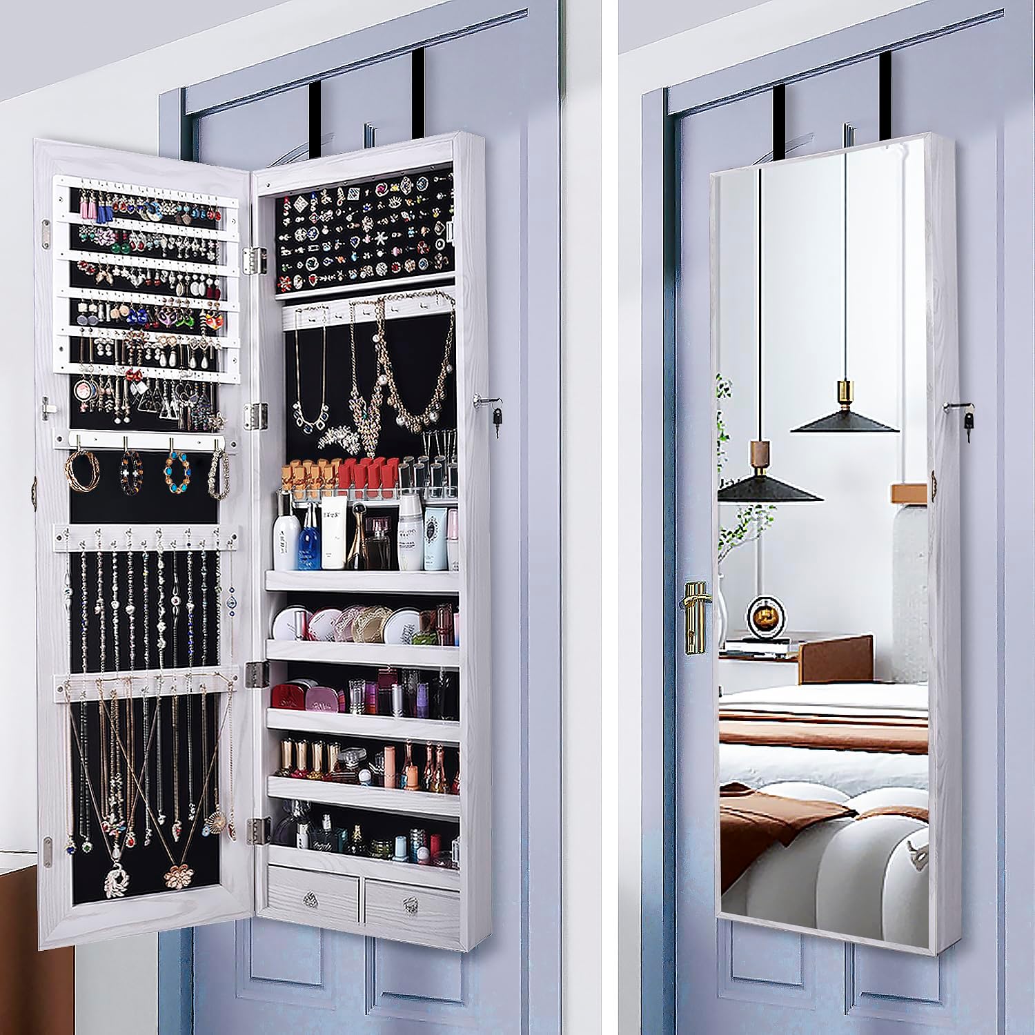 47" H Jewelry Armoire Full Length Mirror Cabinet Storage Organizer w/LED Light Wall-Mounted/Door-Hanging Lockable for Bedroom Makeups White