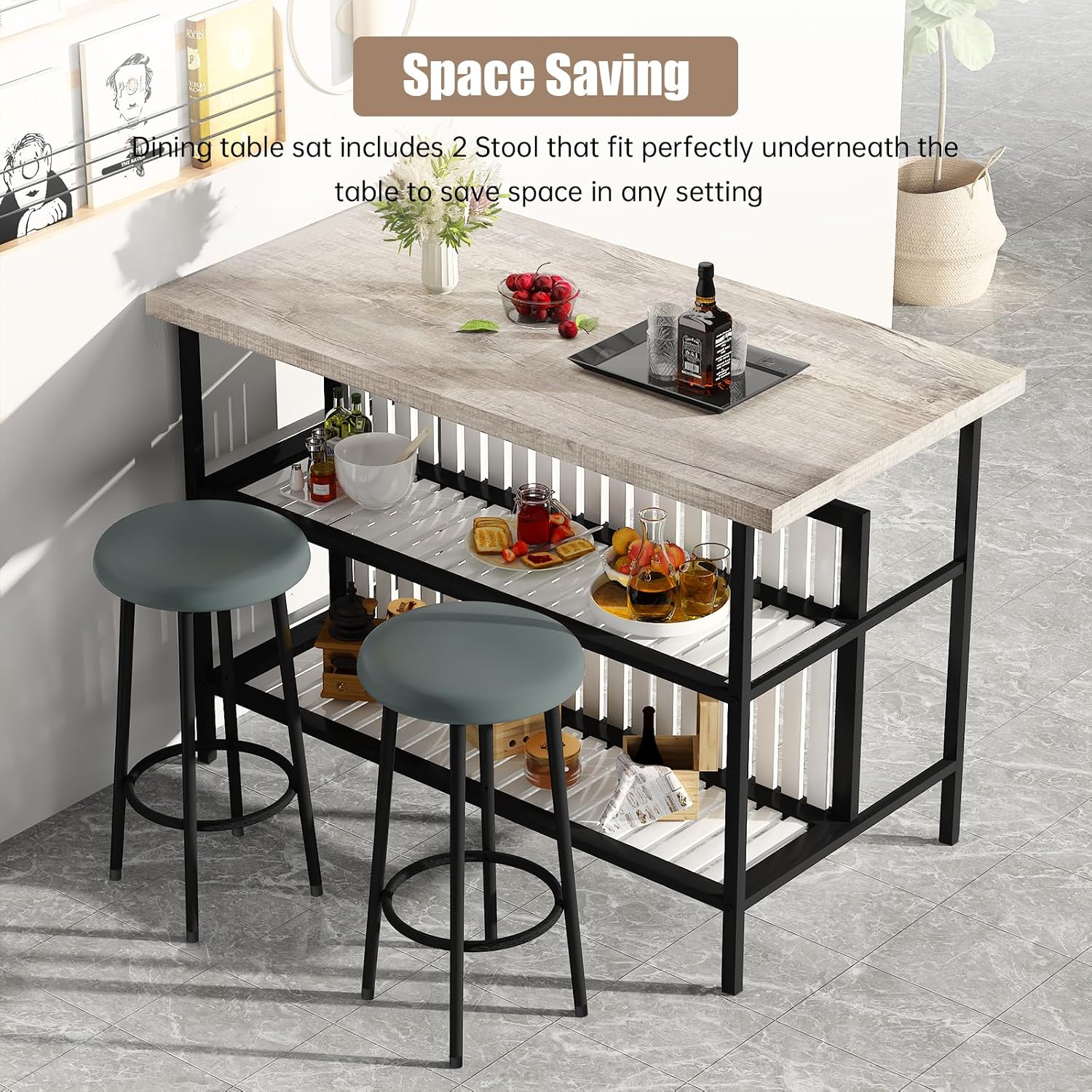 AWQM Kitchen Island with Seating & Storage, Bar Table and Chair Set, Grey | Modern Bar Table and Chairs Set for 2, Faux Marble Island Table, with 2 Chair, For Small Space, Apartment, Home Bar
