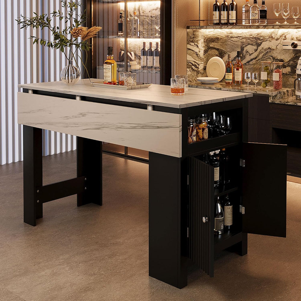 3-in-1 Dining Table with Foldable Tabletop & Marble Grain Top, Black+Waln...