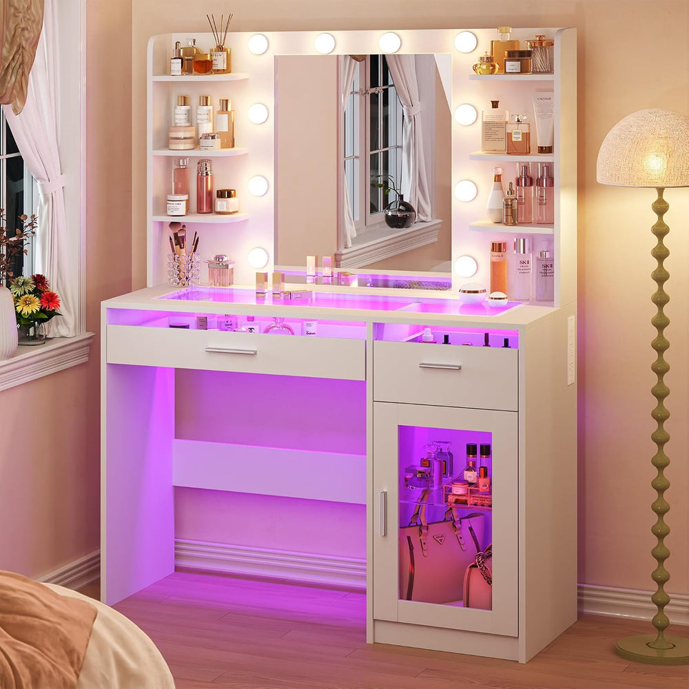 ALEXNUTRE Vanity Desk, Makeup Vanity Desk with Mirror and Lights 3 Colors, Tr...
