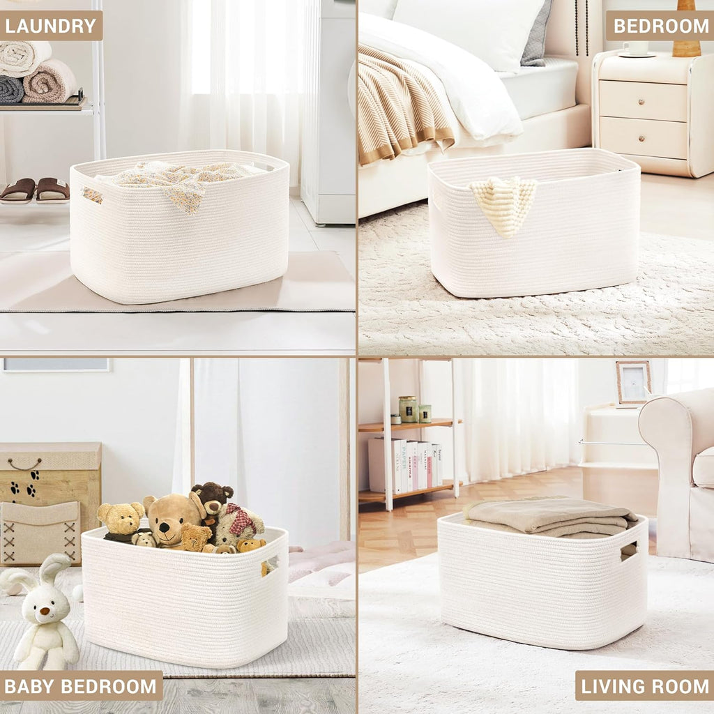 86L Large Baby Girls Laundry Basket for Nursery Storage,Cute Woven cotton Rope Baskets for Kids Toy，Gifts, Boho Square Wicker Blanket hamper for Living Room,Bedroom Dirty Clothes, White