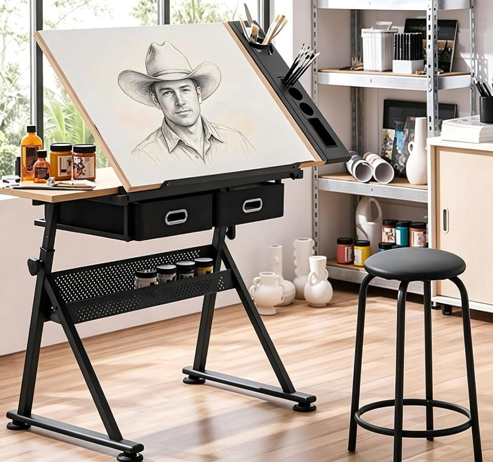Height Adjustable Drafting Table, 0-75° Tilting Drawing Table Art Desk | Wood...