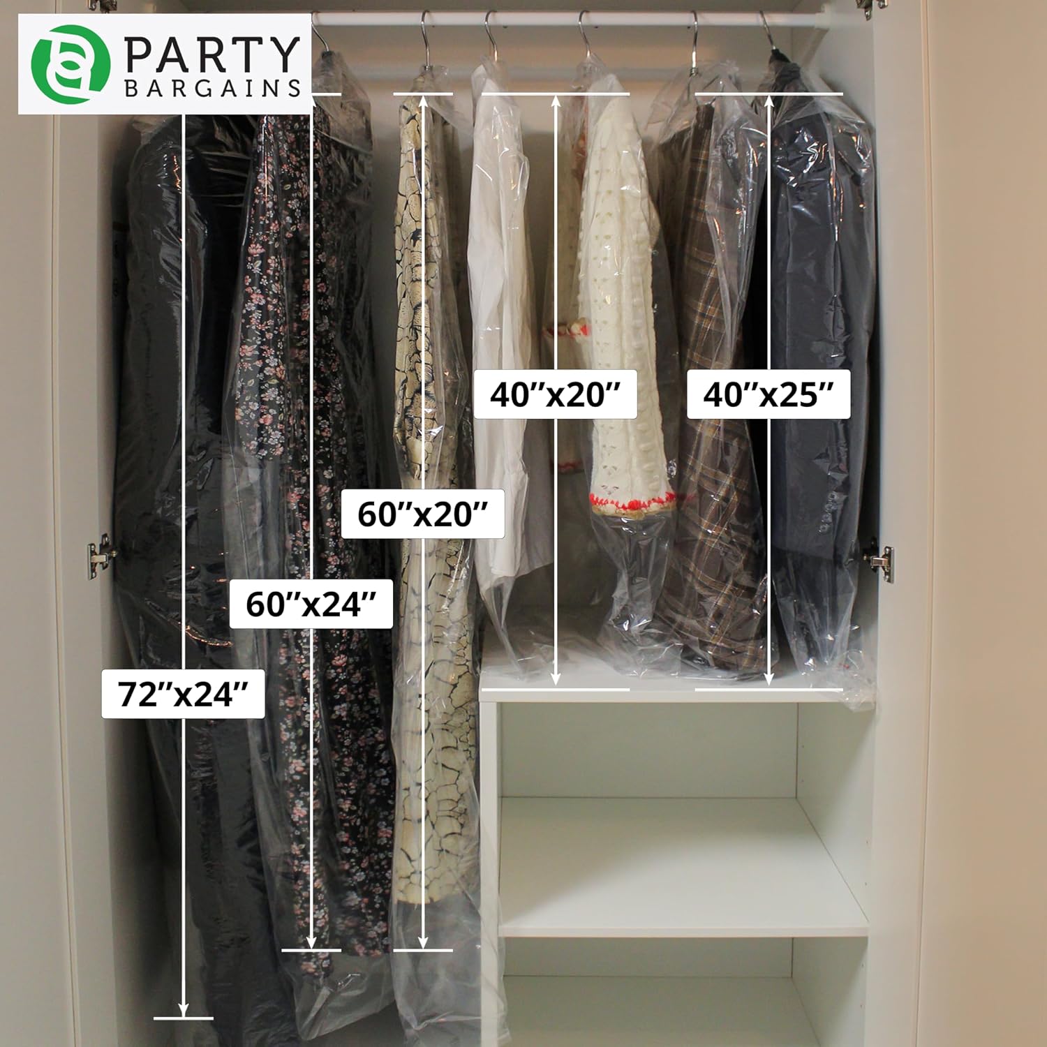 PARTY BARGAINS 40 x 20 Inch Disposable Clear Garment Bags, 50 Pack – Heavy-Duty Plastic Clothes Covers for Suits Dresses Coats, Closet & Travel