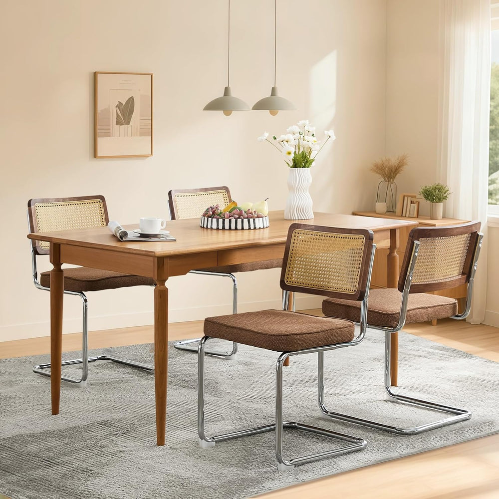 Rattan Back Linen Dining Chair Set of 4 Modern Stainless Chrome Base Armless ...