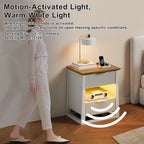 HIFYOBRO Fluted Nightstands Set of 2 with Charging Station & Motion Sensor Light, Modern Bedside Tables with 2 Drawers and Storage Shelf for Bedroom, White