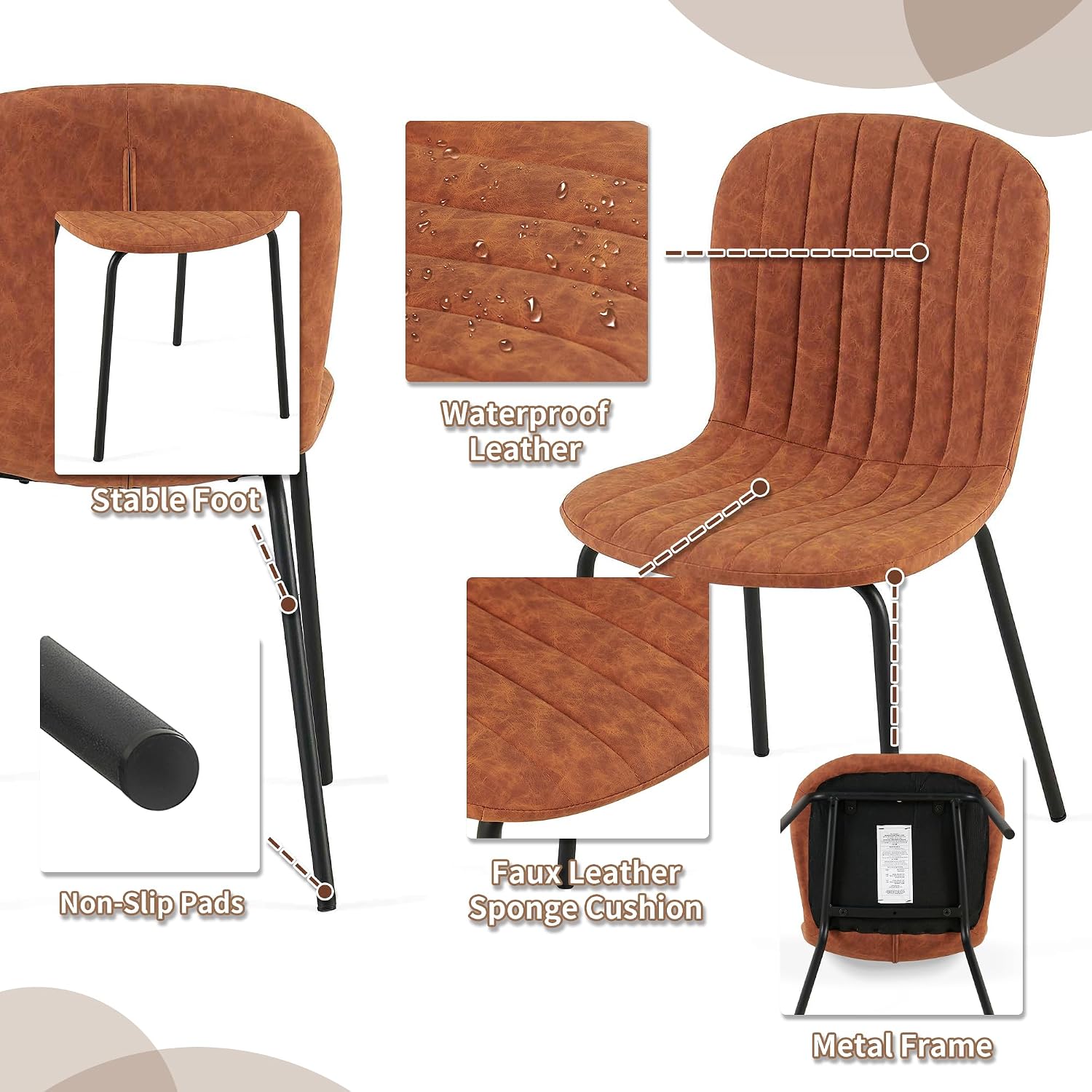 Dining Chair Set of 4, Upholstered PU Leather Seat with Black Metal Legs,Modern Comfortable Kitchen Chair, Curved Backrest Dining Chair for Dining Room Living Home(Mid-Century Brown)