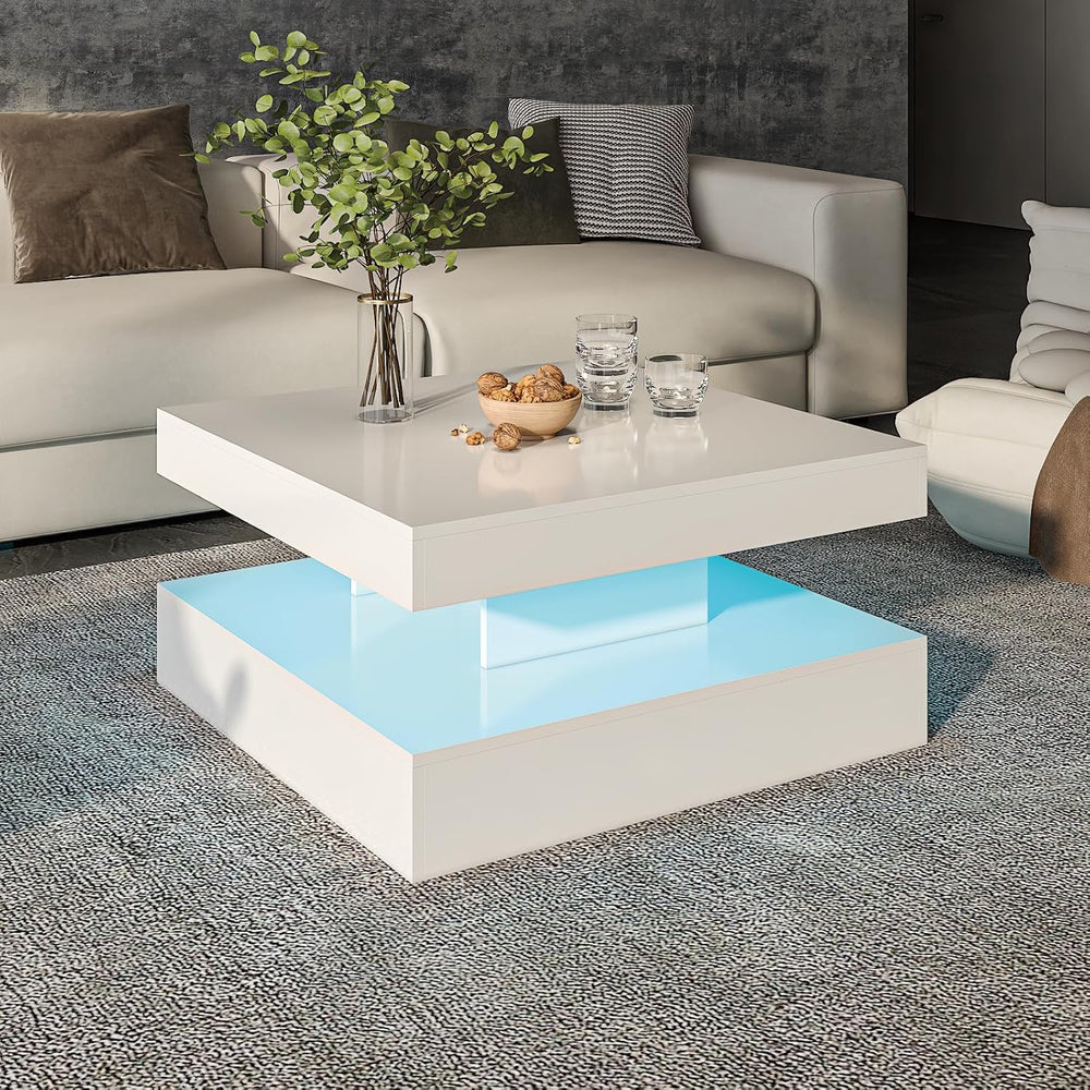 HedoAjim White LED Coffee Table for Living Room, 2-Tier Square Center Table L...