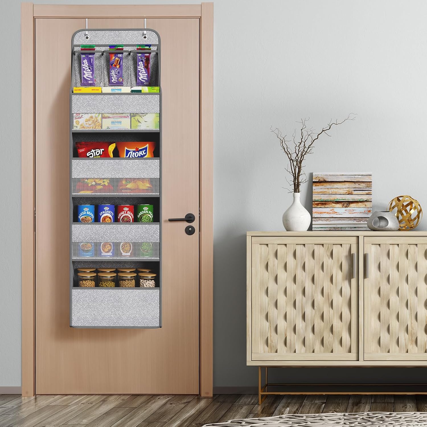 Univivi 5-Shelf Door Storage Over Door Hanging Organizer with 4 Large Pockets and 3 Small PVC Pockets Nursery Closet Cabinet Wall Mount Hanging Storage Organizers for Baby Nursery (Grey Pattern)
