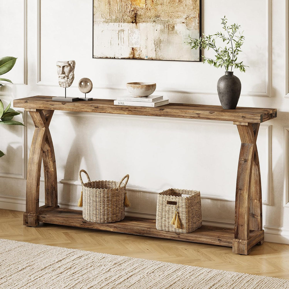 Solid Wood Console Table for Entryway, 63-Inch Narrow Farmhouse Couch Table B...