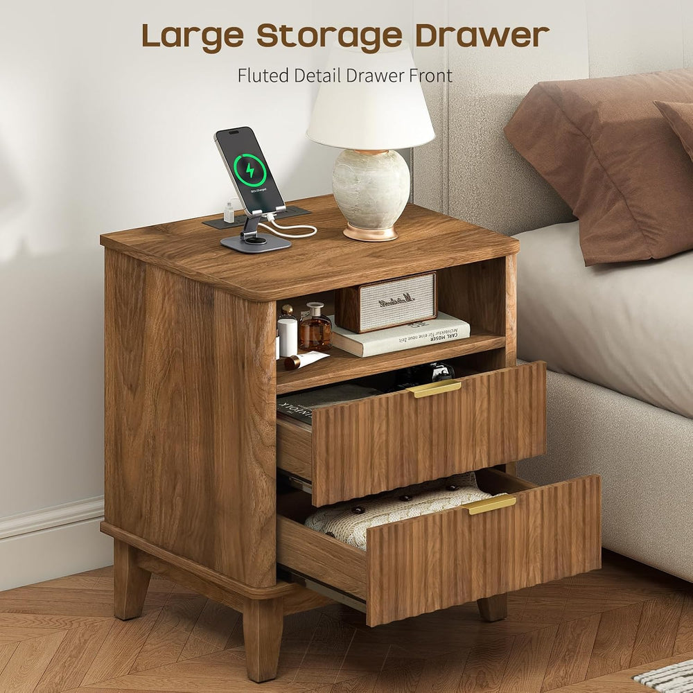 Night Stand Set of 2 with Charger Station, Fluted Nightstand with Drawers and...
