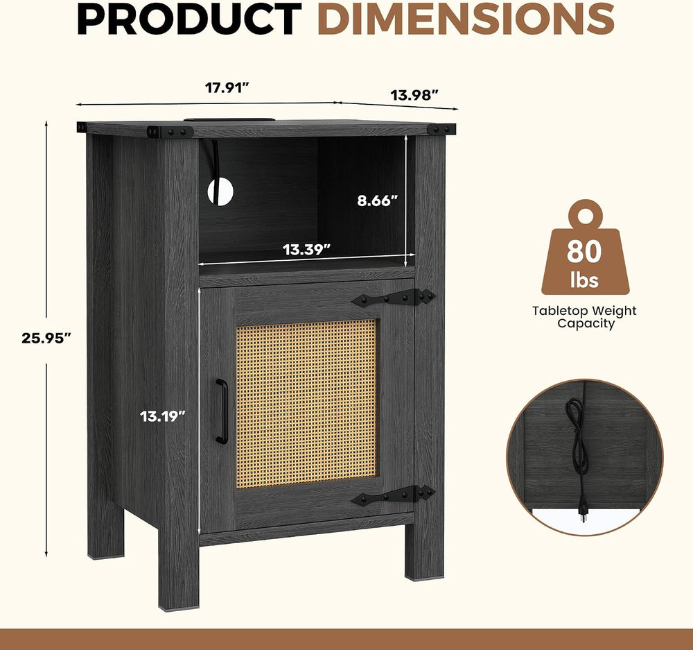Miereirl Rattan Nightstand Set of 2 with Cabinet, Boho Farmhouse, Dark Gray |...