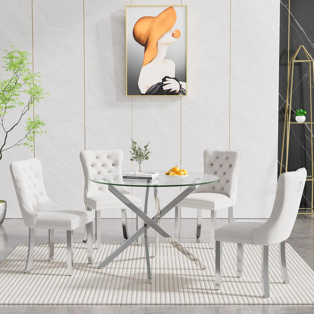 Glass Dining Table Set for 4, Modern 36" Round Kitchen Table with 4 Velv...