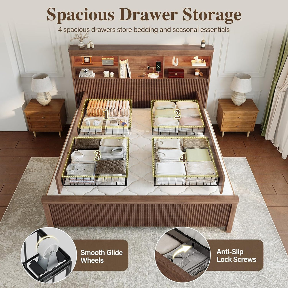 King Size Bed Frame with 4 Storage Drawers, Brown