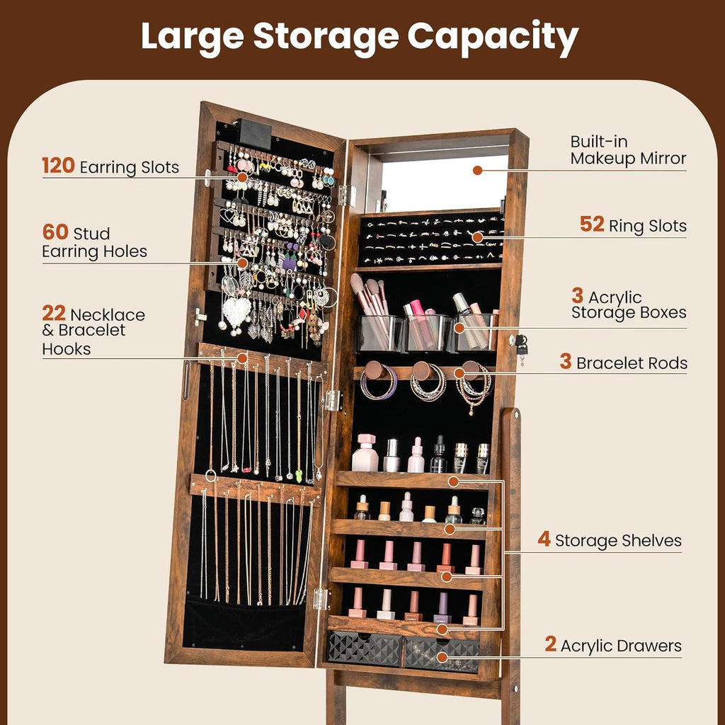 Giantex Standing Jewelry Armoire with Lighted Full Length Mirror, Lockable Jewelry Cabinet Organizer with 20 LED Lights, Adjustable Tilt, Large Storage for Earrings, Rings, Necklaces, Rustic Brown