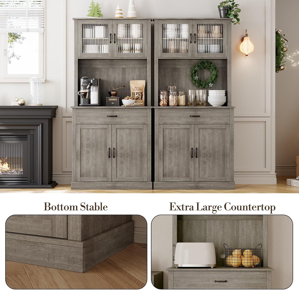 Farmhouse Pantry Cabinet, 71" Tall Kitchen Hutch Cabinets with Storage Drawer, Open Countertop, Glass Doors, Adjustable Shelves, Cable Hole for Dining Room, Living Room, Ash Grey