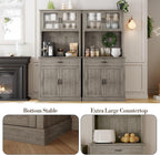 Farmhouse Pantry Cabinet, 71" Tall Kitchen Hutch Cabinets with Storage Drawer, Open Countertop, Glass Doors, Adjustable Shelves, Cable Hole for Dining Room, Living Room, Ash Grey