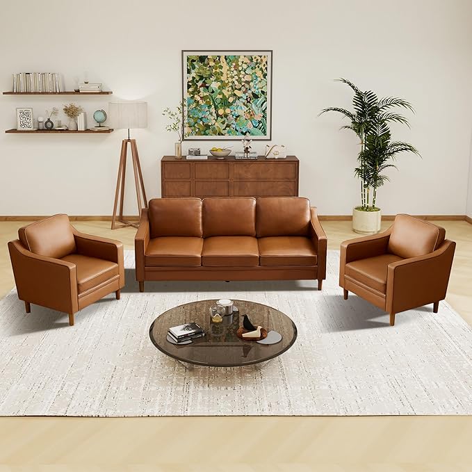 Kingfun Living Room Furniture Sets, 3 Seater Couch and Loveseat, Mid Century Modern Sofa Set, Faux Leather Couch with Solid Wood Frame for Living Room & Bedroom, Dark Brown