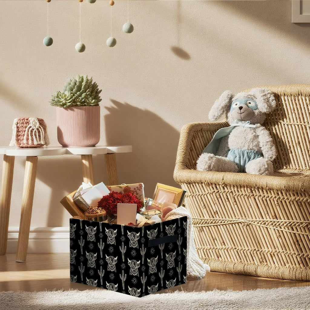 Highland Cow Western Storage Bins Box, Toybox for Boys Girls, Vintage Western Cactus Cow Foldable Storage Baskets Organizer for Bedroom Bathroom Kids Room Dorm Clothes Toys Books