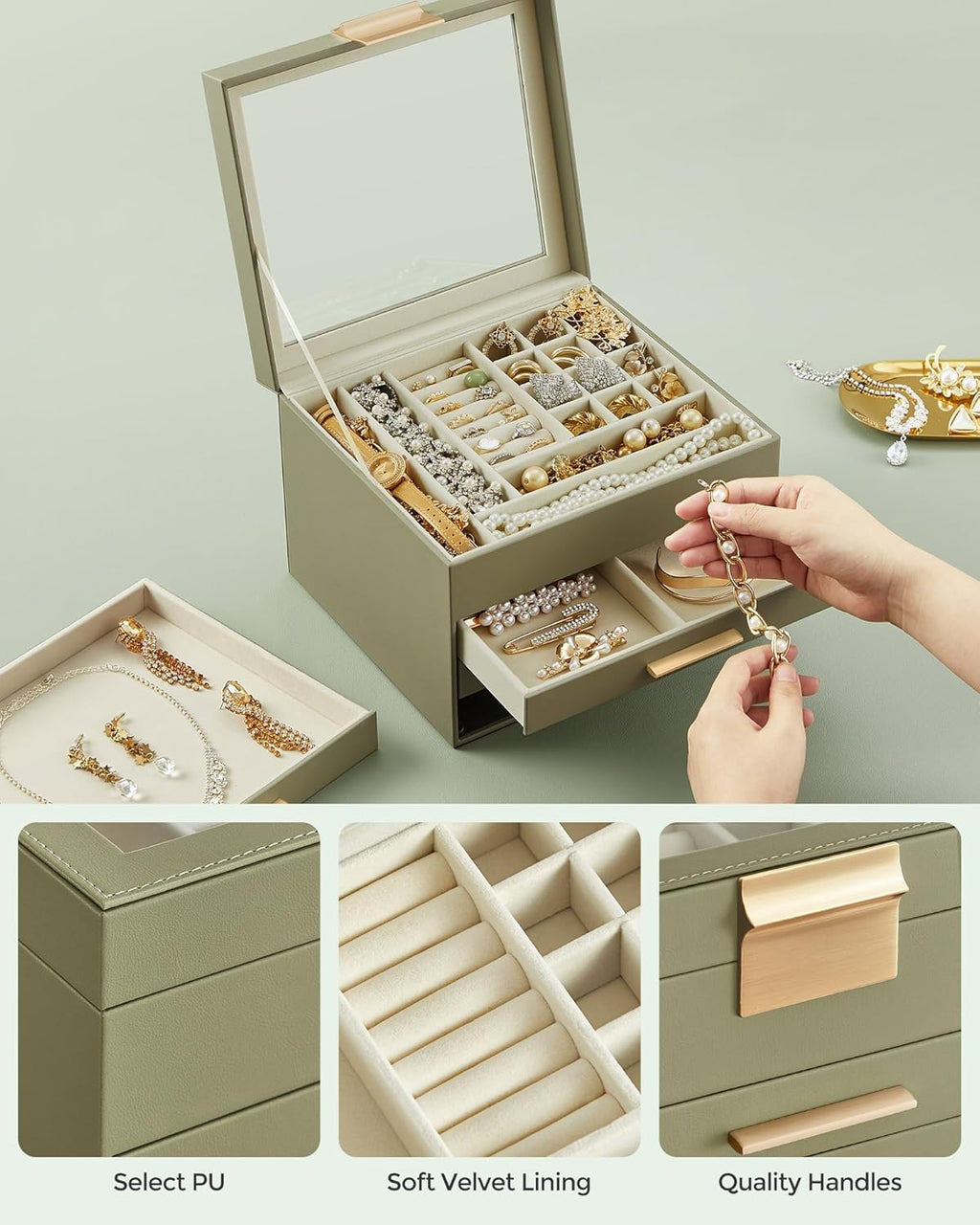 SONGMICS Jewelry Box Organizer with Glass Lid, 4-Layer Jewelry Storage, with 3 Drawers, Modern Style, Christmas Gift, 8 x 9.1 x 6.5 Inches, Avocado Green and Gold Color UJBC173C02
