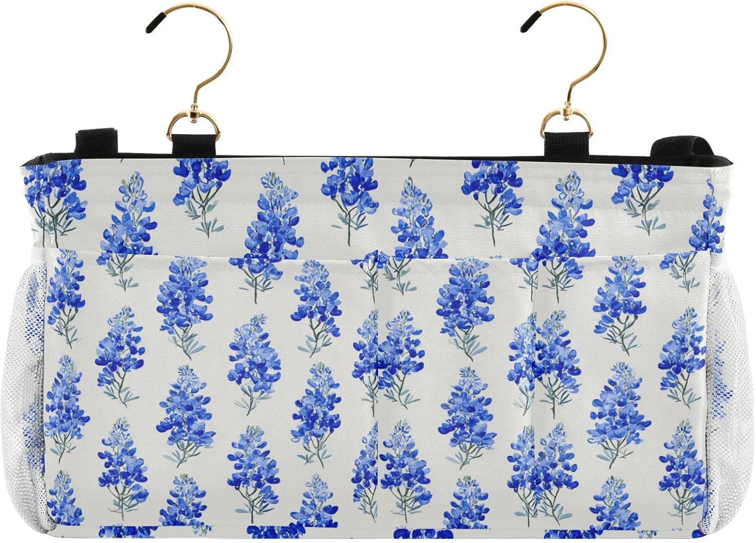Watercolor Bluebonnets Bedside Caddy for Dorm Bed Bedside Hanging Caddy Bag Iron Frame Storage Organizer Pocket for Bunk Home College Hospital Beds 2 Hooks